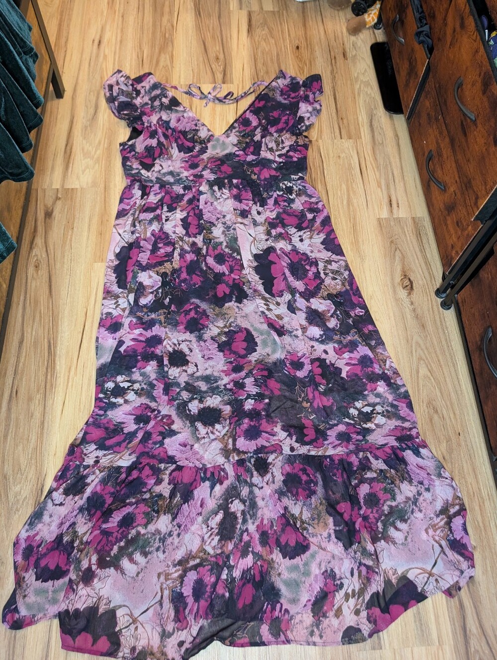 Dark Romantic Floral Maxi-Chiffon, Dress | Open Back Lace-Up | Wedding Guest - Picture 5 of 11